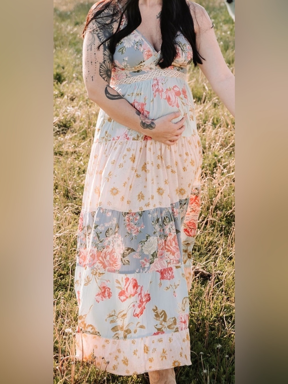 Boho Floral Tiered Maxi Skirt - Light Blue & Pink